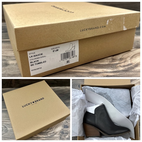 NIB Lucky Brand Sauci Almond Toe Block Heel Leather Ankle Booties Black 8.5M - Picture 10 of 12